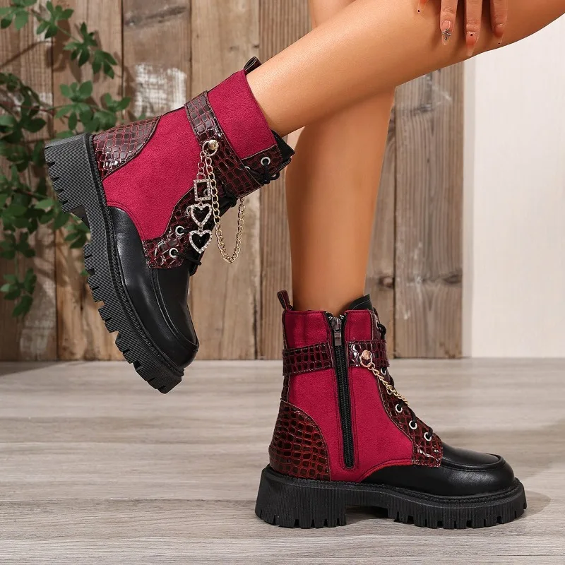 Sepatu Booties Model Round Toe dengan Rantai Logam, Tali, Sol Lembut Anti Selip, dan Hak Blok