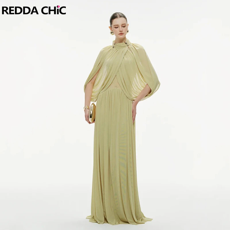 REDDACHiC Bat Sleeve Chiffon Party Dress Women Wedding Guest Evening Draped Turtleneck Maxi One-piece Pretty and Elegant Costume