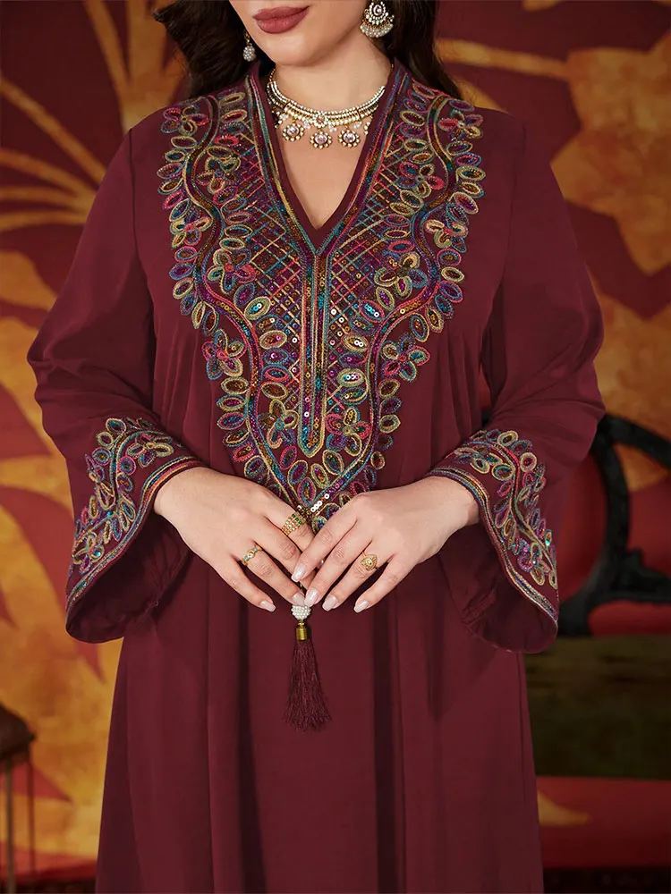 TOLEEN Damen-Kleid in Übergröße mit V-Ausschnitt und langen Ärmeln, elegantes und locker sitzendes, besticktes Kleid für den täglichen Freizeitgebrauch – Detail 2