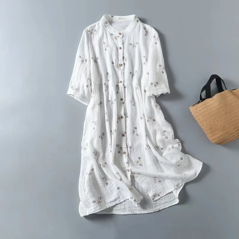 New Summer Cotton Yarn Short Sleeve Dresses Women Stand Mori Girl Sweet Casual Retro Loose Printed Dress 2024 Autumn D46291QC