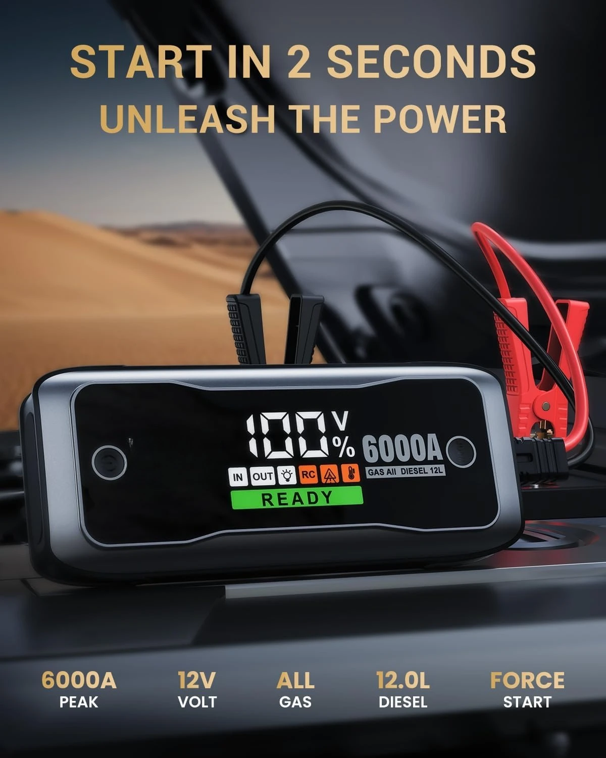 M8 6000A カーバッテリージャンプスターター、スマートHDディスプレイ、PD 60W急速充電、12Vバッテリージャンプパック、ポータブルジャンプボックス·大特価