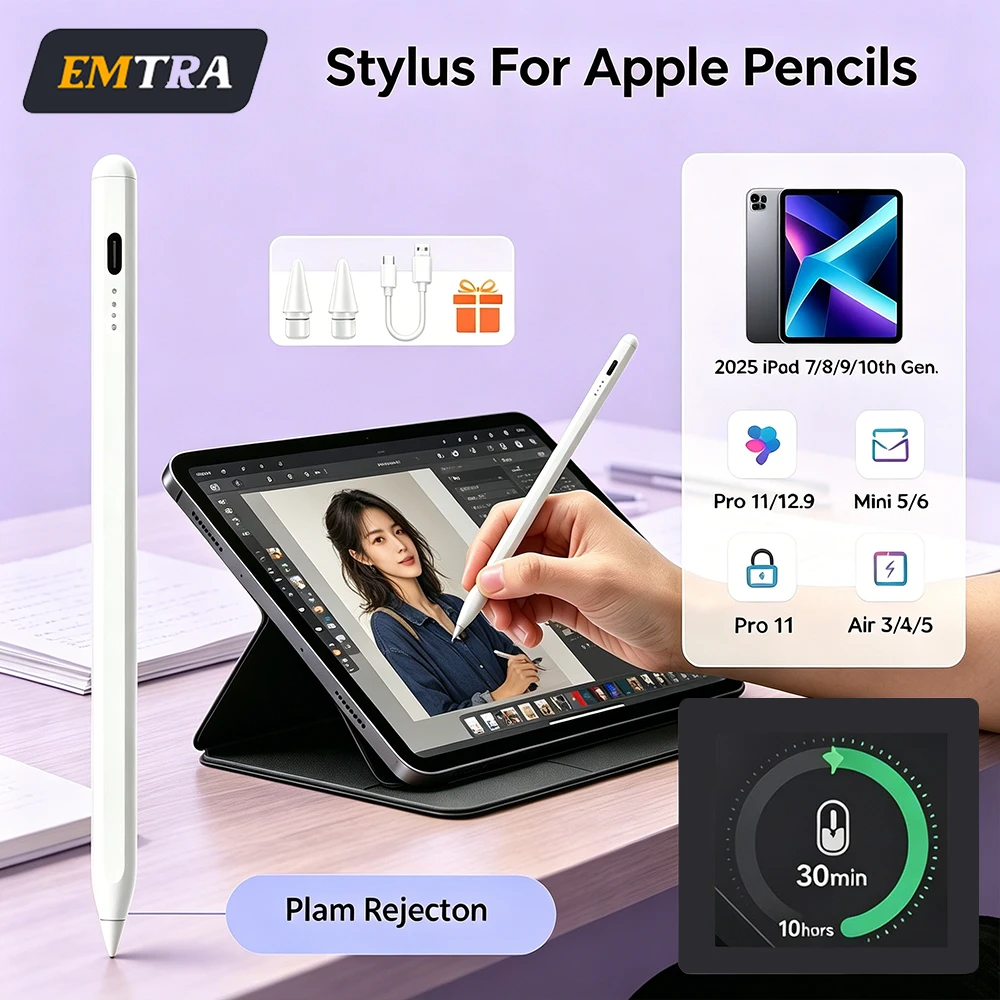

Стилус-карандаш 2025 года для iPad Air Pro M3 с функцией отклонения ладони и магнитным креплением для iPad 11 A16 7/8/9/10/11-го поколений, mini 5 6 7