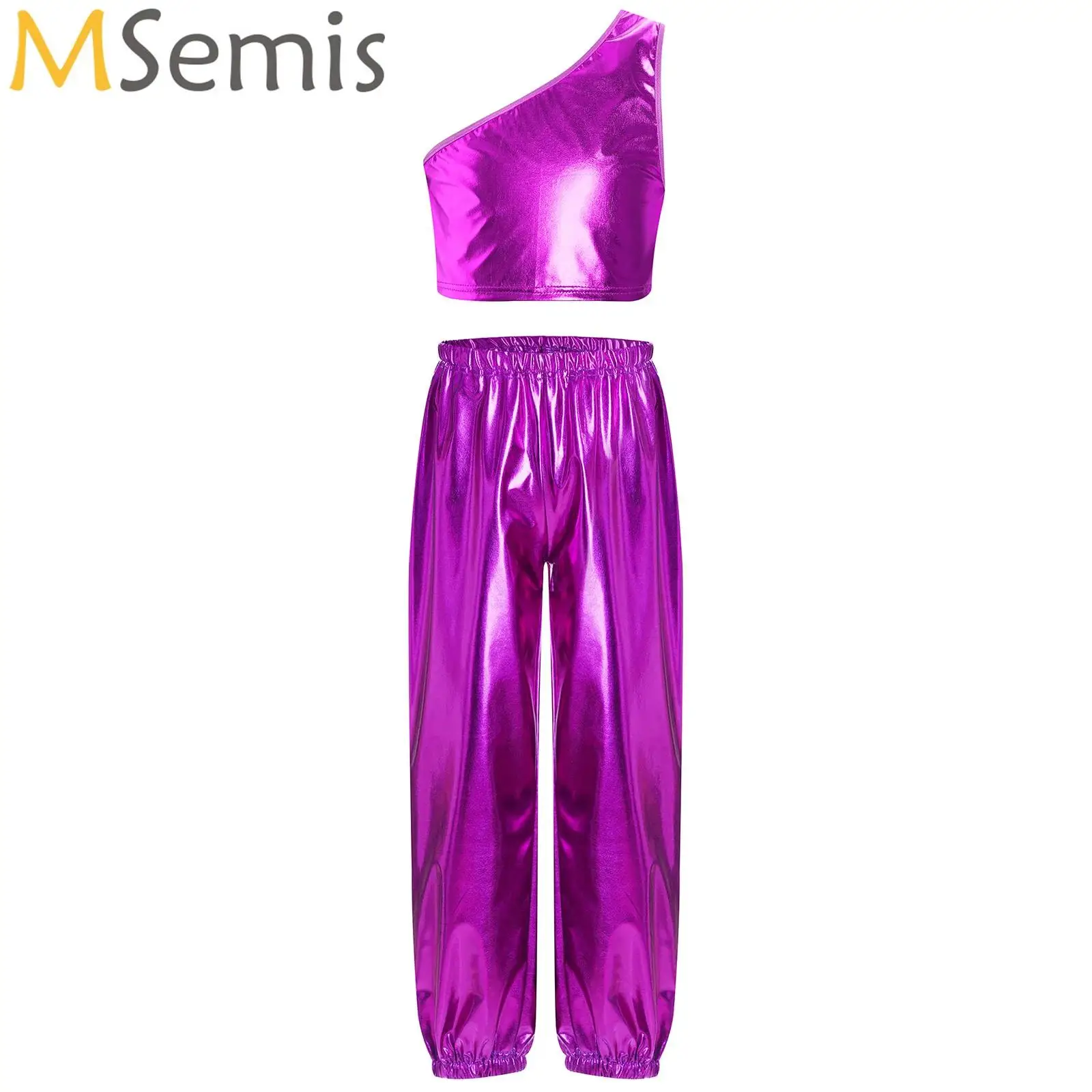 

Kids Girls Metallic Dancewear Set One Shoulder Cropped Vest with Pants Outfits For Jazz Modern Hip Hop Dance Party Performance