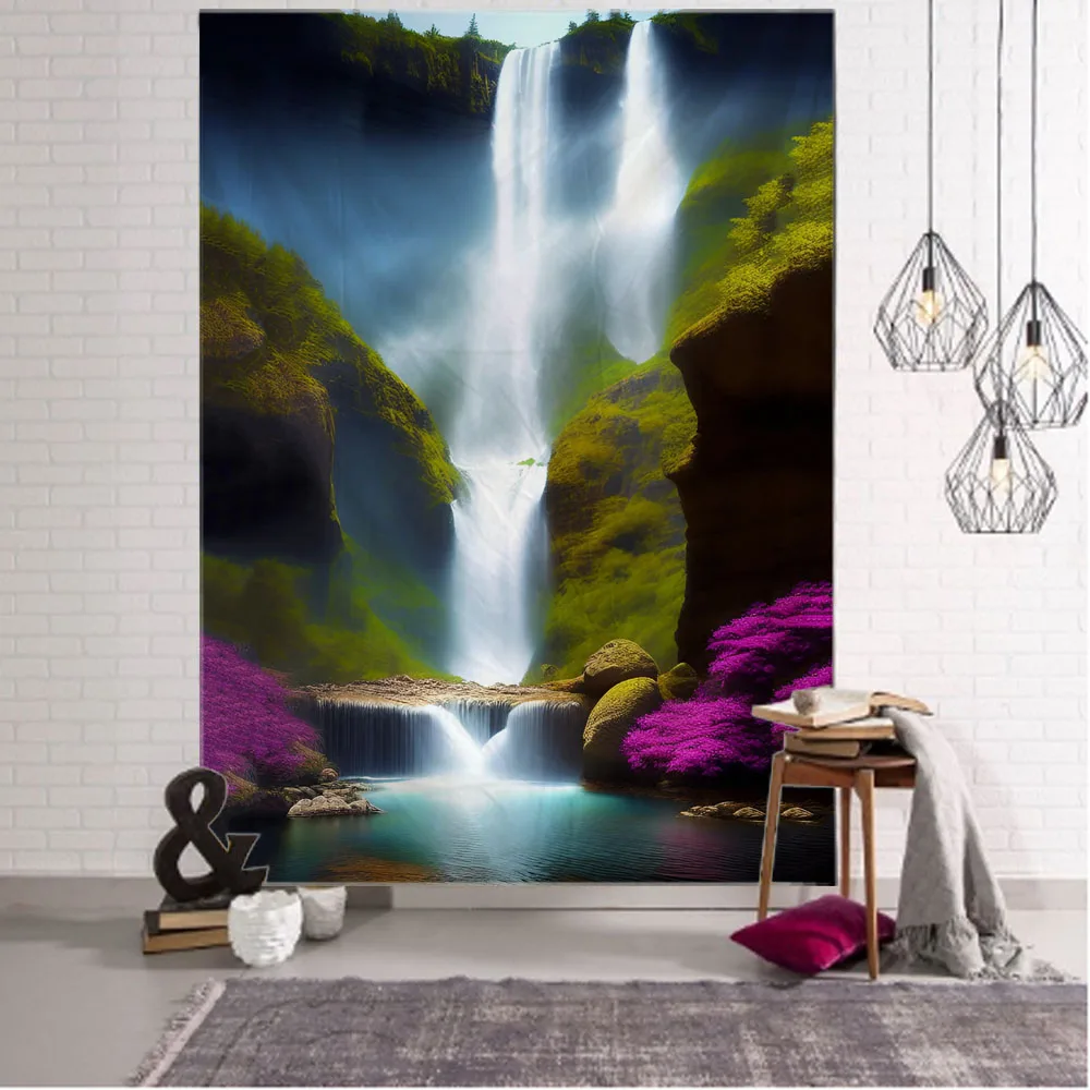 

Jungle waterfall tapestry natural landscape wall hanging hippie bohemian printed fabric tapestry aesthetic home wall decoration