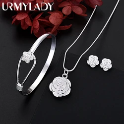 Conjunto Retro de Plata de Ley 925 para mujer, joyería fina con abalorio de flor, collar, pendientes, brazalete, regalo de boda