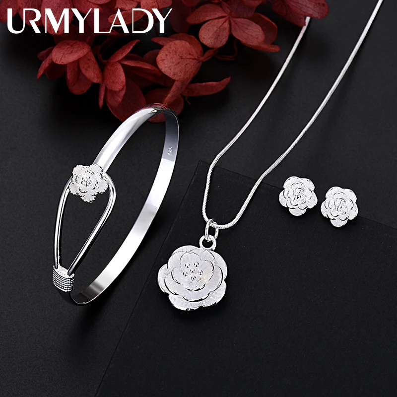 Fine 925 Sterling Silver Charm Flower Necklace Earring Bangle Biżuteria dla kobiet Retro Set Prezent ślubny TRENDY Lovely