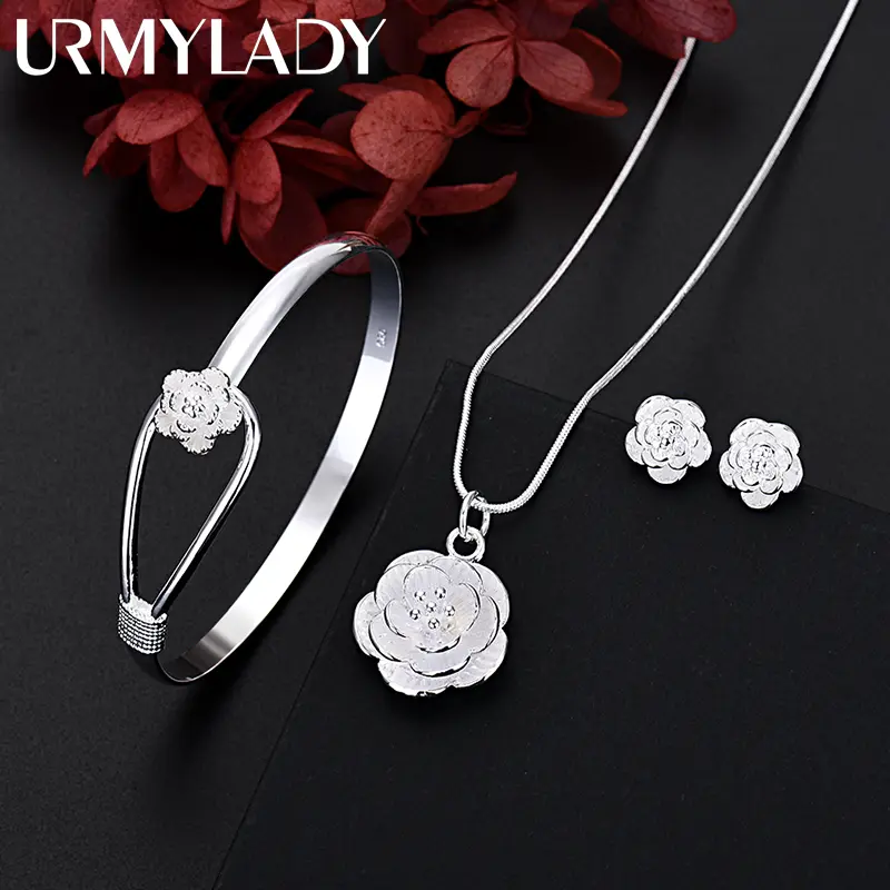 925 sterling silver jewelry set with flower necklace and bracelet