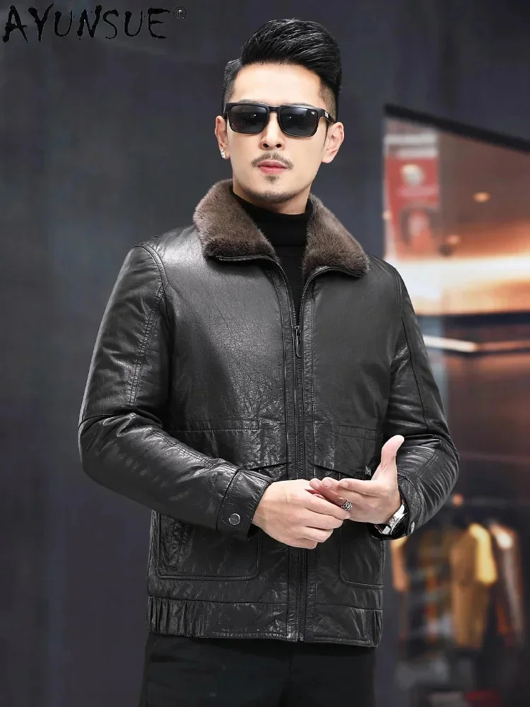 AYUNSUE Cross Mink Fur Collar Men's Coats Liner Jackets 2025 Winter Black Genuine Leather Jacket Casaco Masculino Gm371