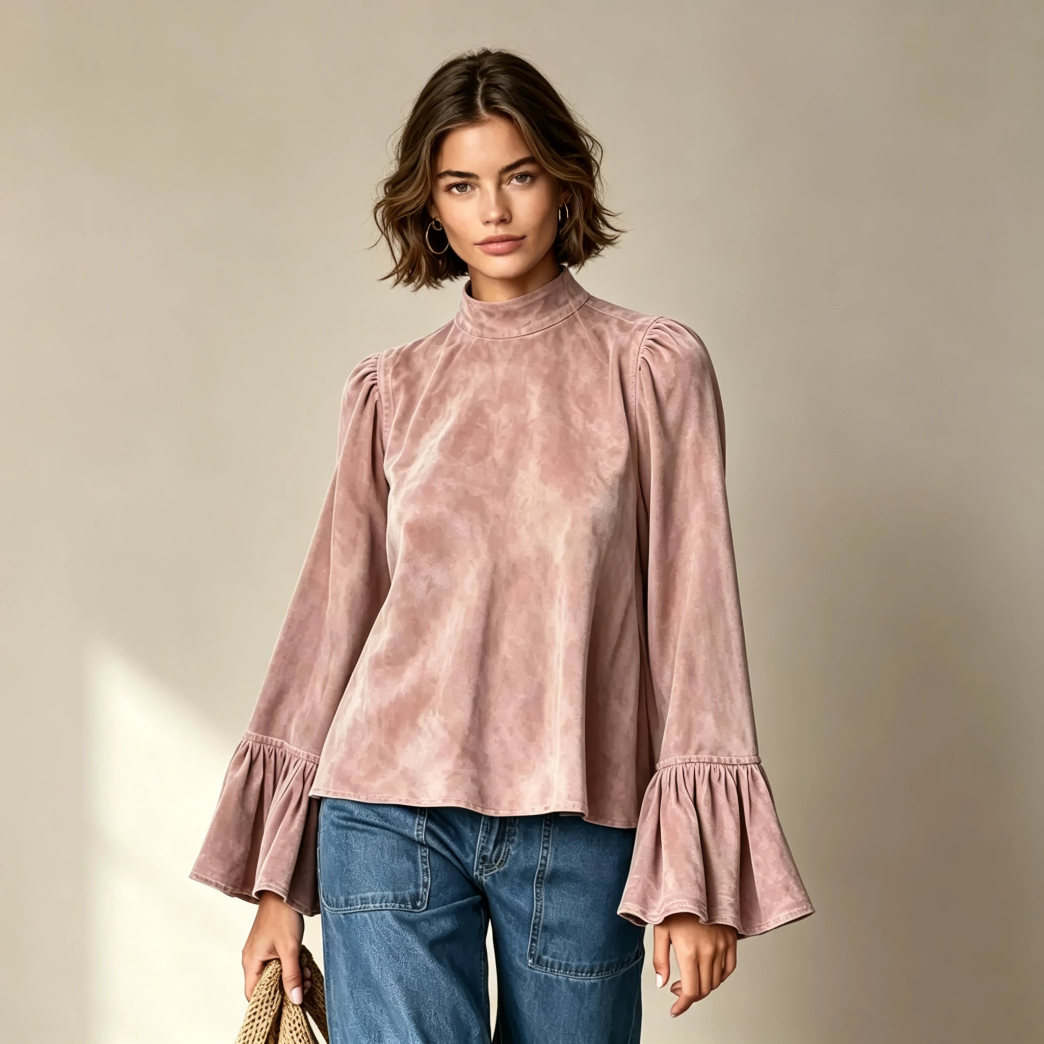 Autumn Winter Women's High Collar Suede Long Sleeve Loose Top Fashionable Retro Style Upperwear for Ladies