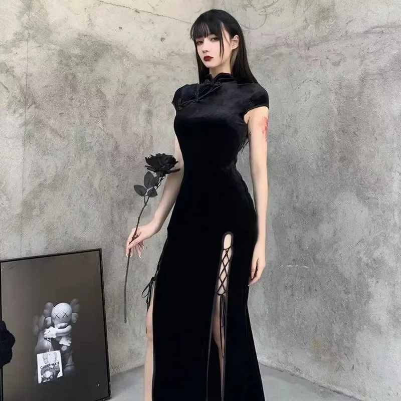 Halloween Qipao Alberoise pour Femme, Tenue de Style Gothique Foncé, Sexy, Noire, Vintage, Moderne, pour Spectacle de bre