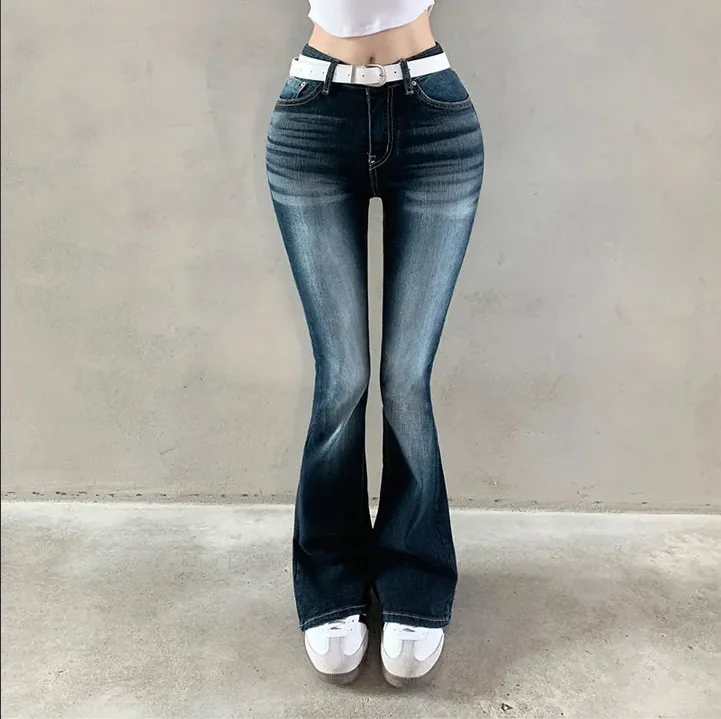 Chic Dark Blue Flare Jeans Women Streetwear High Waisted Stretch Denim Pants Lady Korean Fashion Elegant Elastic Jeans Mom