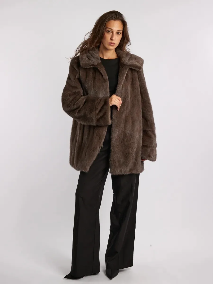 IG Women Brown Hooded Single Button Mid-Length Faux Fur Coat, Side Pockets, Winter Warm Vintage Elegant Commute Outerwear
