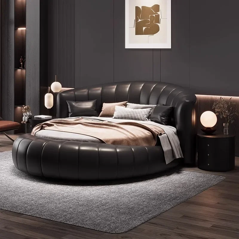 King Leather Luxury Double Bed Mattress Modern Design Adults Loft Round Bed Single Queen Camas De Dormitorio Bedroom Furniture