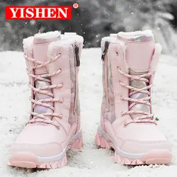 YISHEN-Botas de nieve cálidas para niñas, zapatos de felpa para niños, zapatos de princesa, piel cálida, botas antideslizantes de media pantorrilla, zapatos de invierno para niños, Rosa