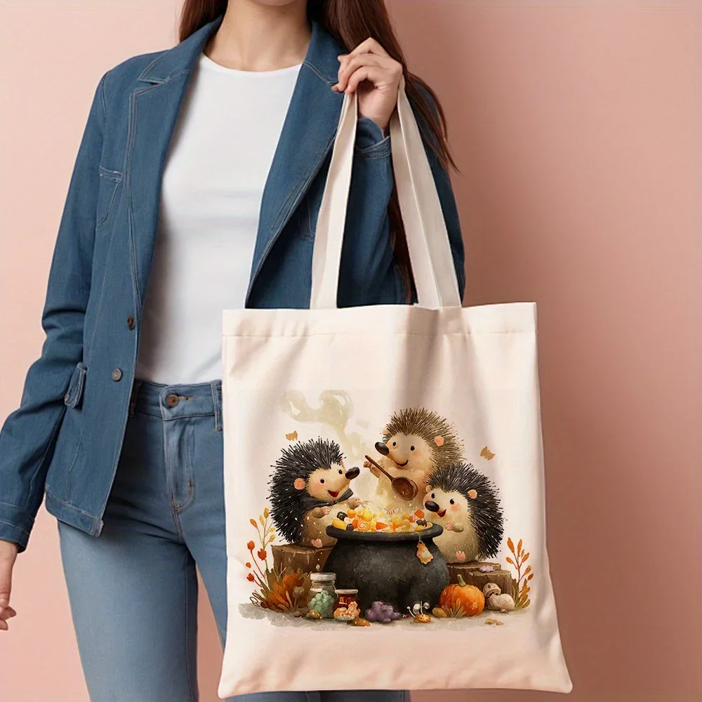1pc, Hedgehogs Cooking Canvas Tote Bag Reusable Grocery Bags (35.05cm x 40.13cm), Cute Illustration Shopping Bag for Daily Use,