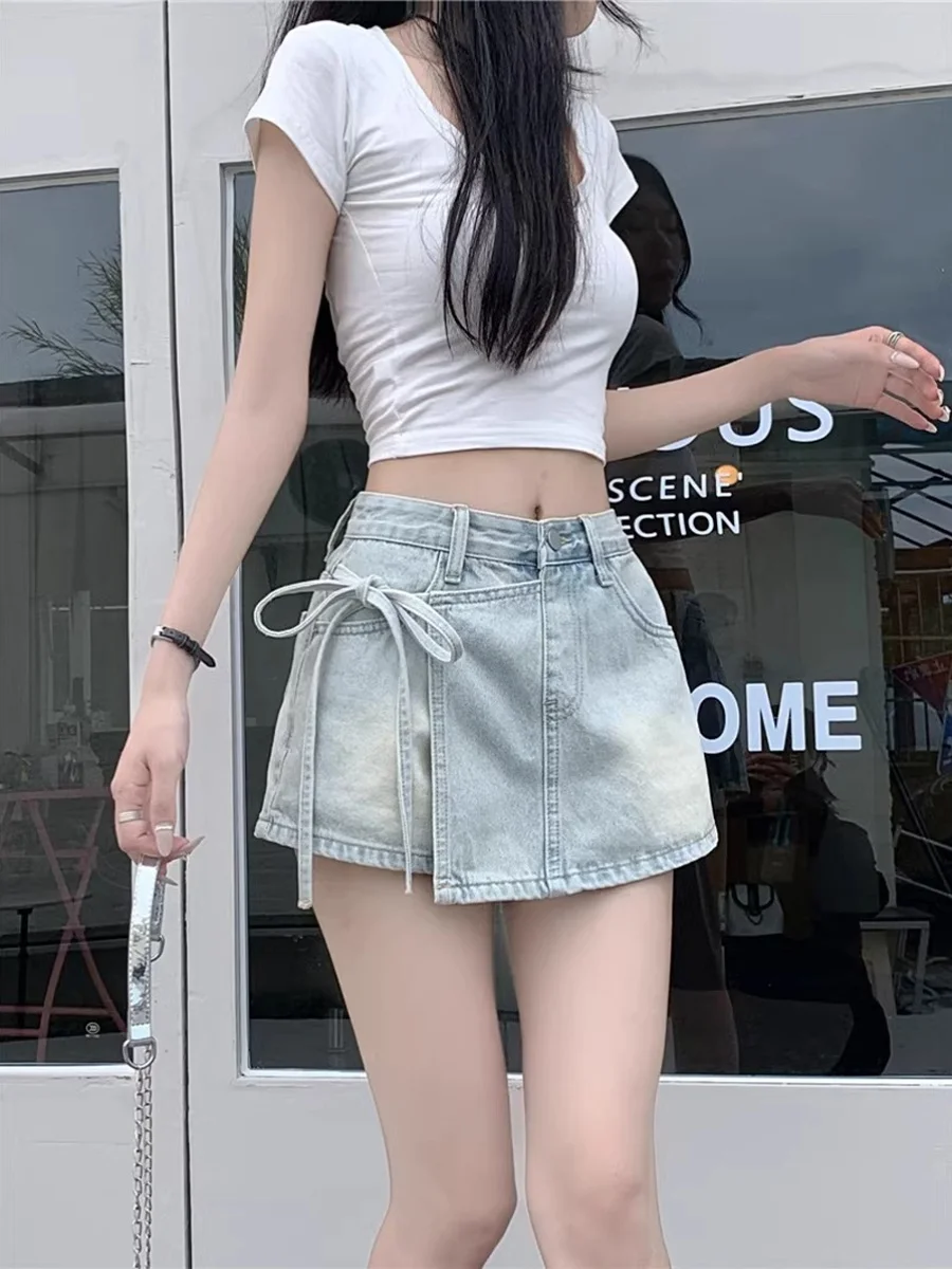 Celana Denim A-Line Pinggang Tinggi Celana Rok Bersabuk Trendi Musim Semi Musim Panas Wanita Jeans Anak Perempuan Pedas Panjang Or Kasual