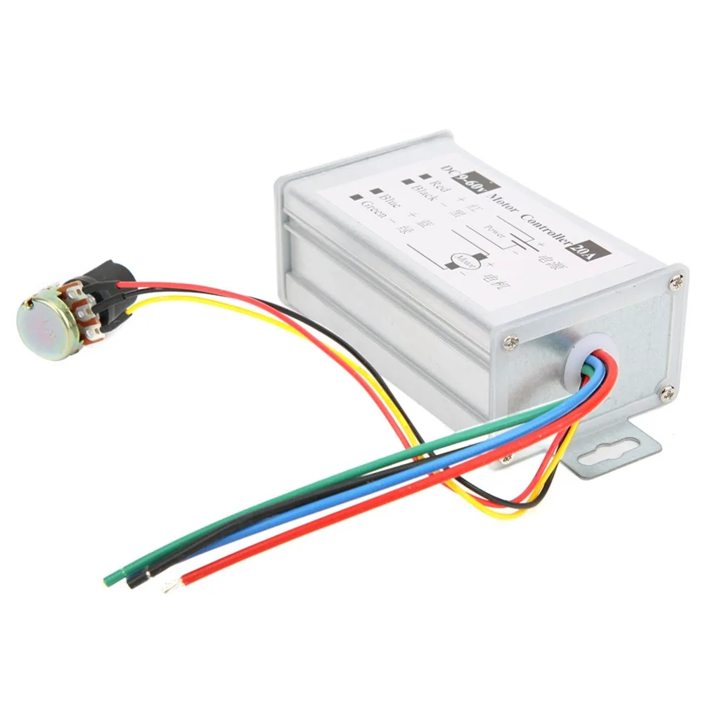 20A DC Motor Speed Controller 9-60V DC Stepless Variable Speed PWM Motor Controller Metal Shell Potentiometer Control