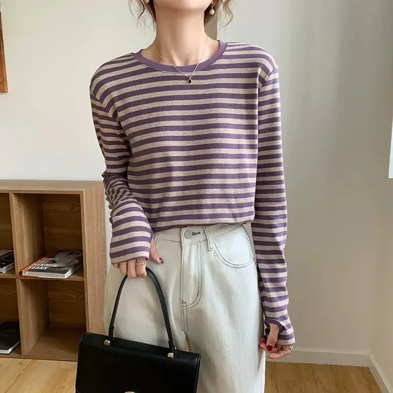 New Women Striped T-shirts Long Sleeve Spring Autumn Contrast Tops Women Loose Casual Bottoming Shirts New Classic O-neck Tees