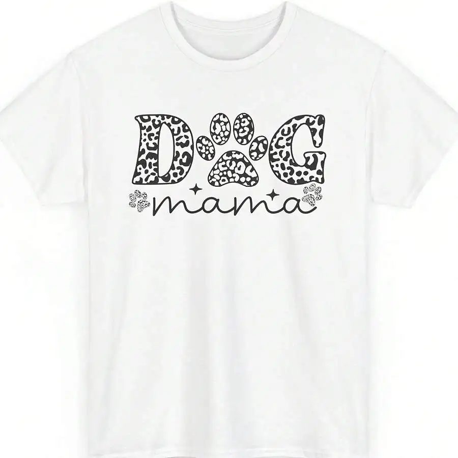 Dog Mama Black Leopard Puppy Paw Graphic T‑Shirt Casual Crew Neck Tee Cute Gift For Dog Owners Pet Lovers Daily Tops
