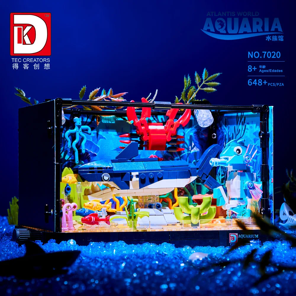 dk7020-水族館海洋サメ生態タンクライトバージョン高難易度組み立てビルディングブロック子供のおもちゃモデル装飾品