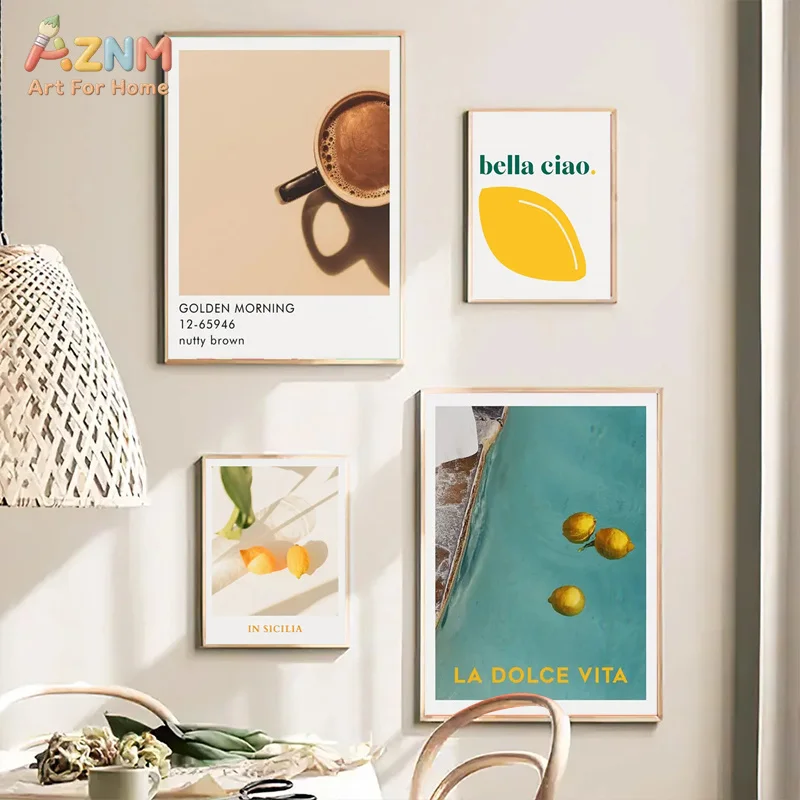 AZNM La Dolce Vita Sicilian Lemon Canvas Wall Art Bella Ciao Mediterranean Style Kitchen Dining Room Aesthetic Decor Poster Unfr