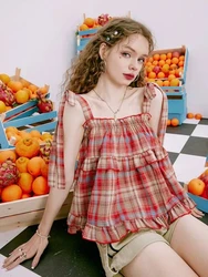 Y2K Hot Women Summer Acubi Japan Vintage Gyaru Tanks & Camis Lace Up Green Crop Top Plaid Strap Sleeveless Tank Tops Clothes