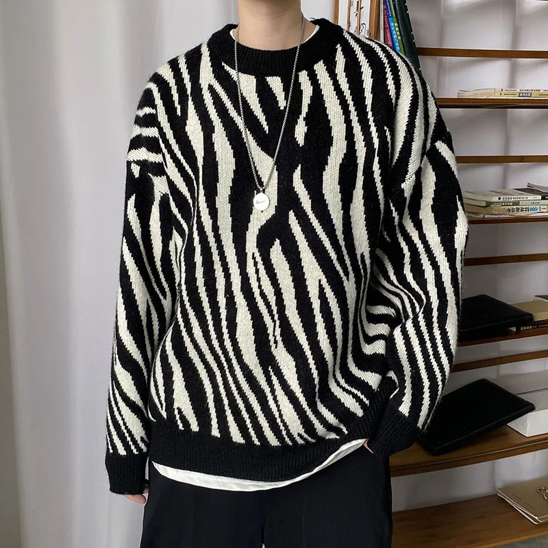 

YASUGUOJI New Spring Oversize Zebra Striped Sweater Men Clothes Baggy Knitted Sweatercoat Korean Fashion Causal Jumpers Top