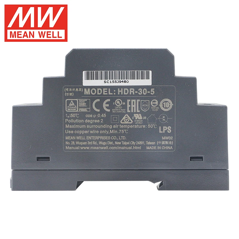 Mean Well HDR-30-12 DIN Rail Power Supply 30W Ultra Slim Step Shape DIN Rail for Household control System Factory Automation