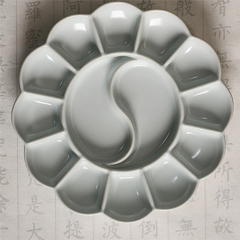Handmade Celadon Palette Plum Blossom-Shaped Watercolor Paint Tray Ru Kiln  Plate And Pen Holder