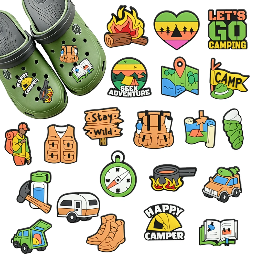 Neue 1-21 Stück Cartoon Outdoor Camping Serie PVC Schuh-Charms Zubehör DIY Kreativität Sandalen Armbänder Dekorationen Party Geschenke