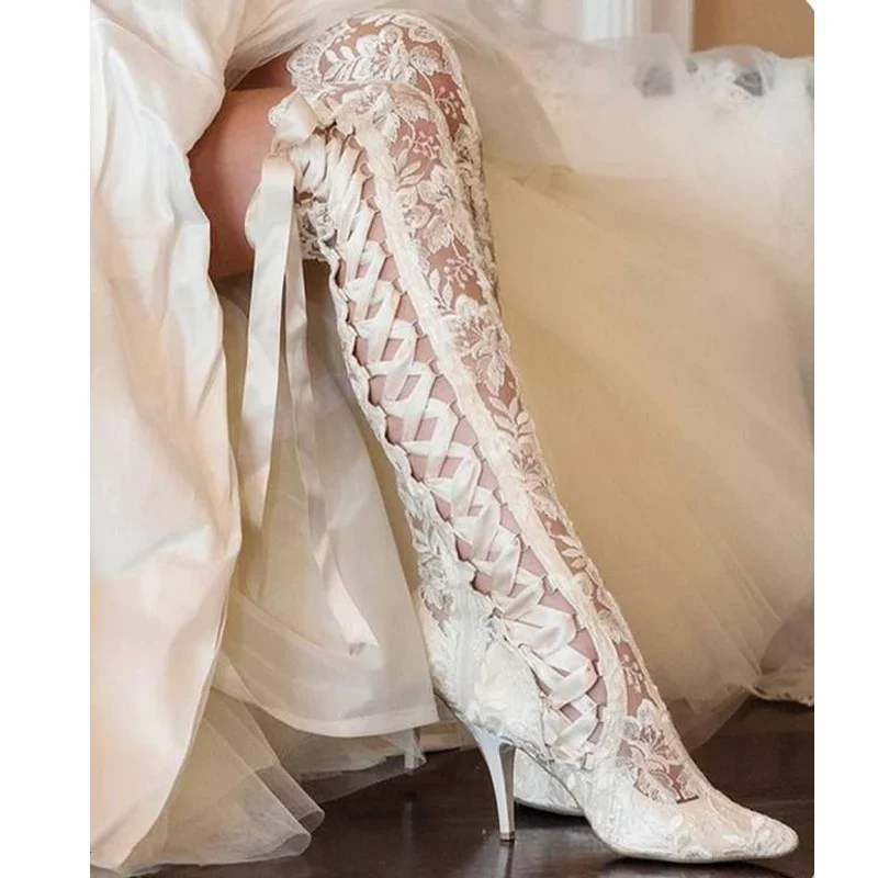 White Lace Pointed Toe Stiletto Knee High Boots Woman Summer 2026 Lace Up Wedding Shoes Banquet Sexy High Heel Red Black view 2