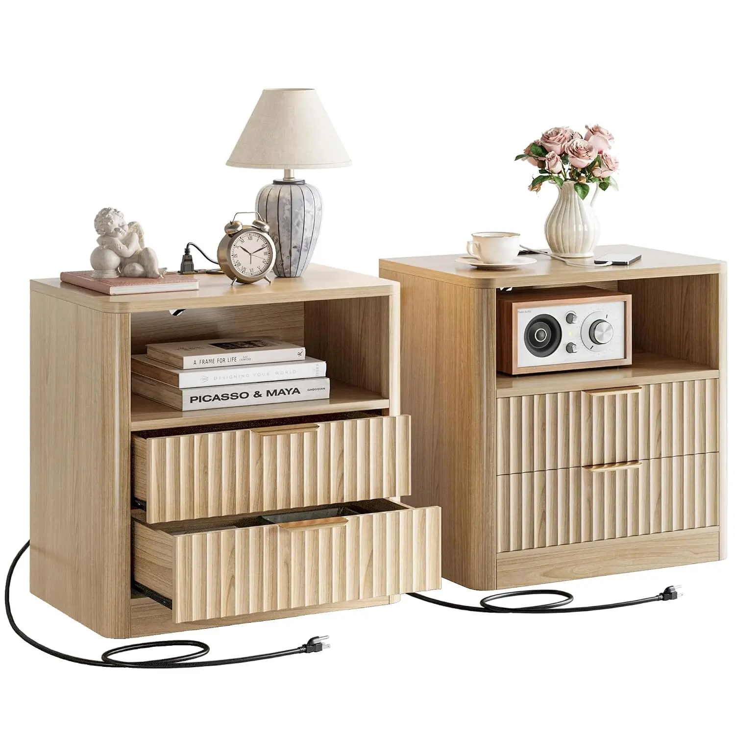 Fluted Night Stand Set of 2, Modern Nightstand with Charging Station, Drawers and Open Shelves - Bedside Table Wood, Custom