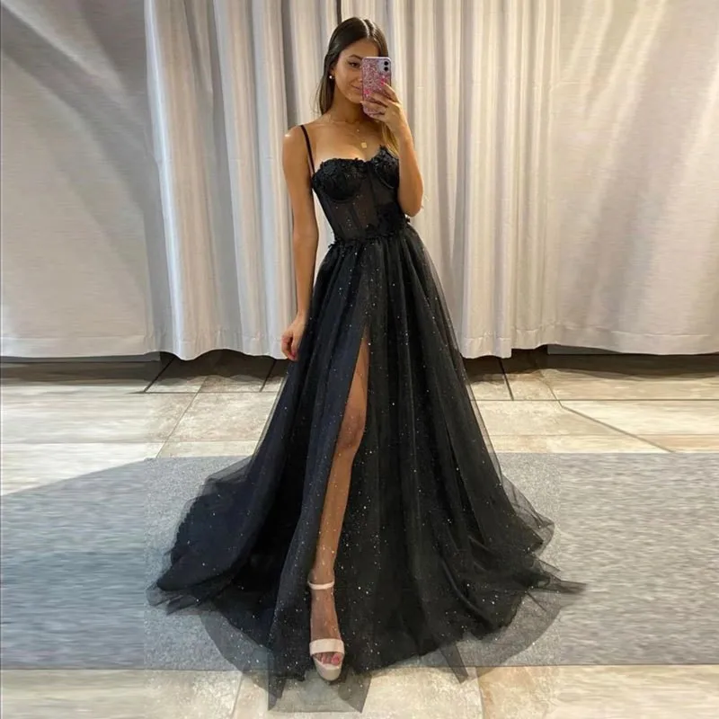 

Black Spaghetti Straps Women Evening Dresses Side Slit Appliques Prom Party Gowns Vestido De Fiesta Abendkleider robes de soirée