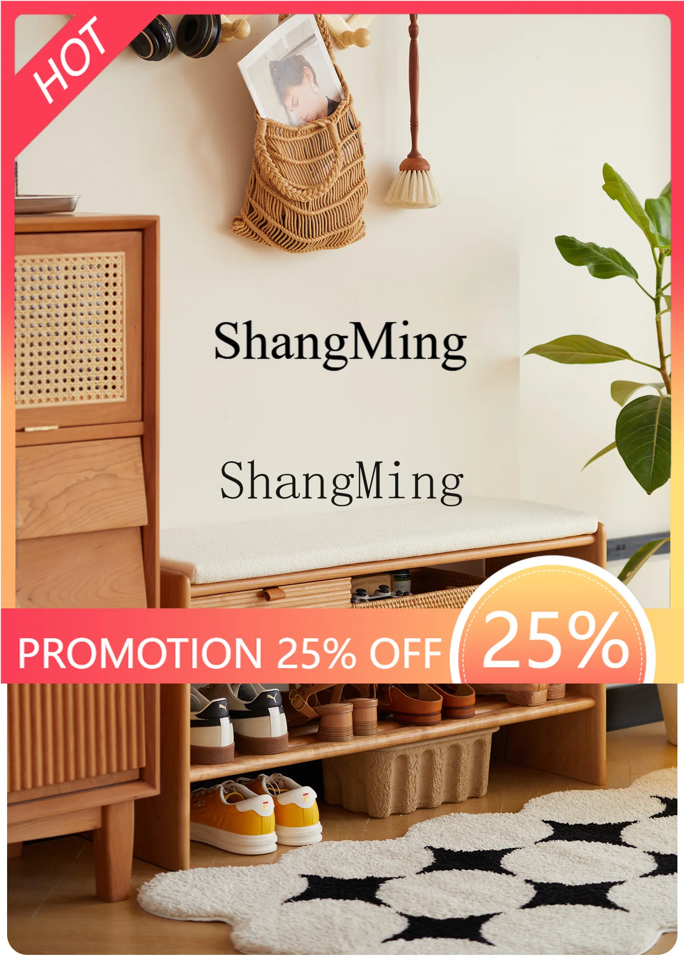 

FG solid wood small apartment, you can sit at the door of the household, soft bag seat cushion, shoe cabinet integrated bench