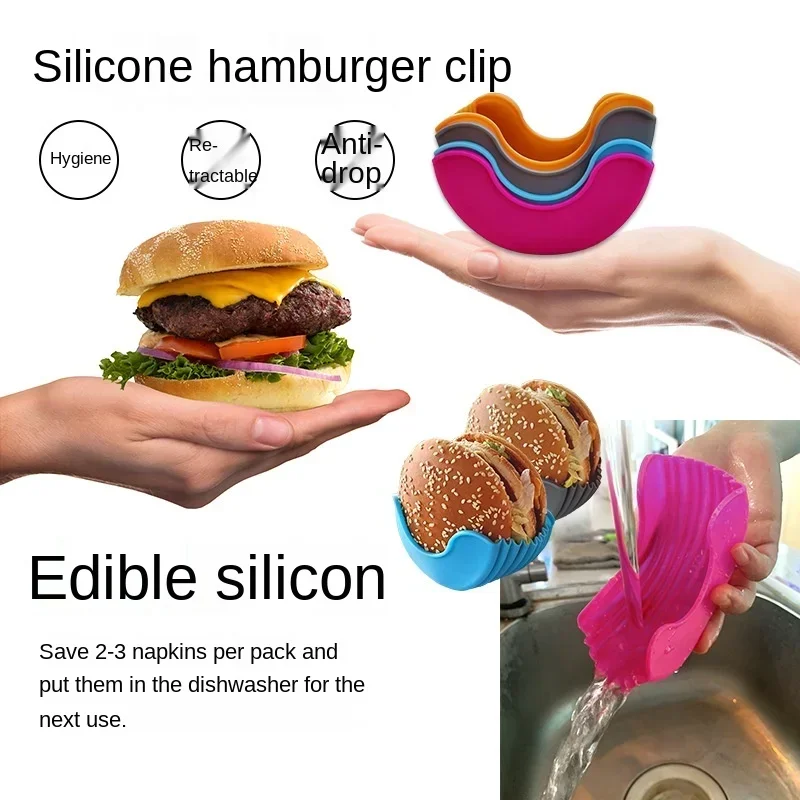 4pc Kitchen Accessories Silicone Hamburger Holder Non-contact Food Cookware Anti-dropping Fixed Box Washable Retractable Gadgets