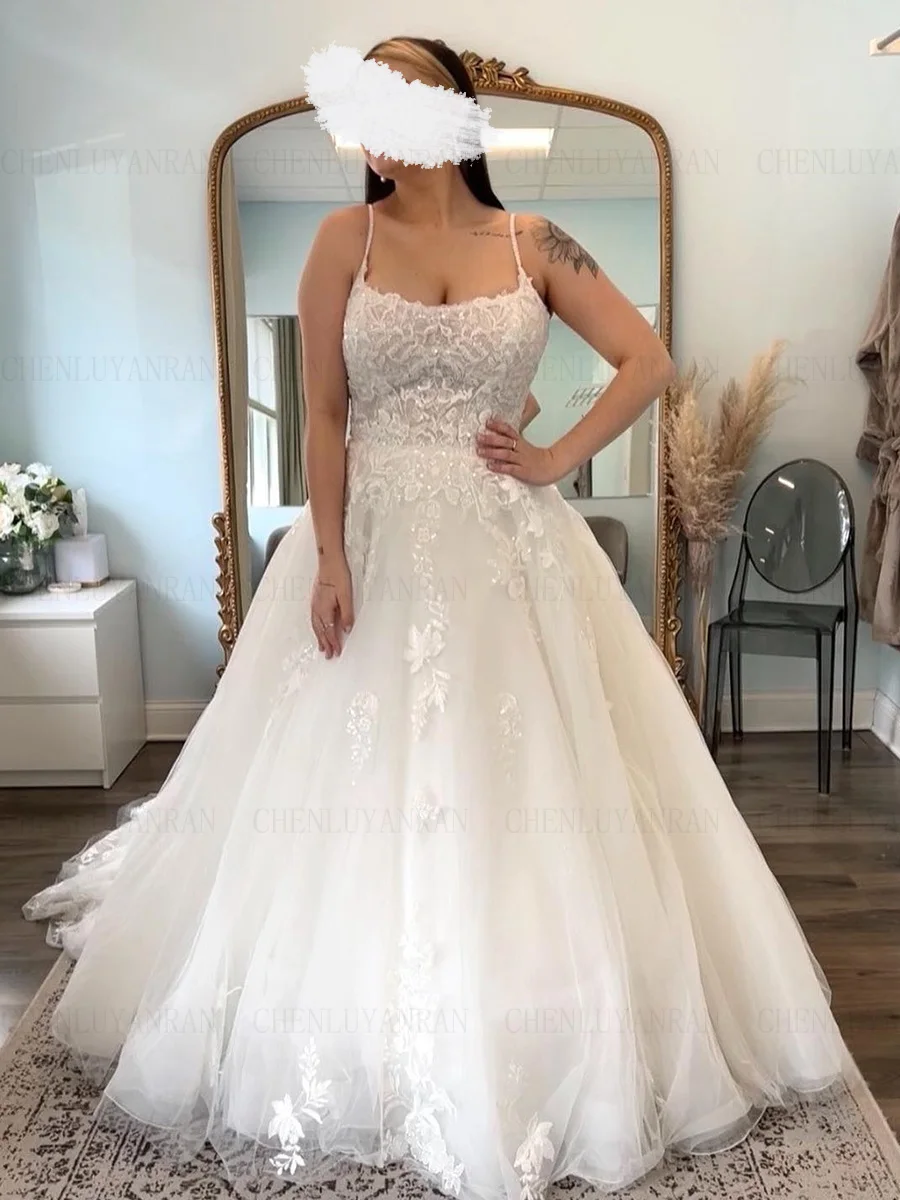 Vestidos de casamento aplique Bohemia para mulheres, cinta de espaguete, pescoço O, vestidos de noiva longos, moda A, vestido sexy, 2023