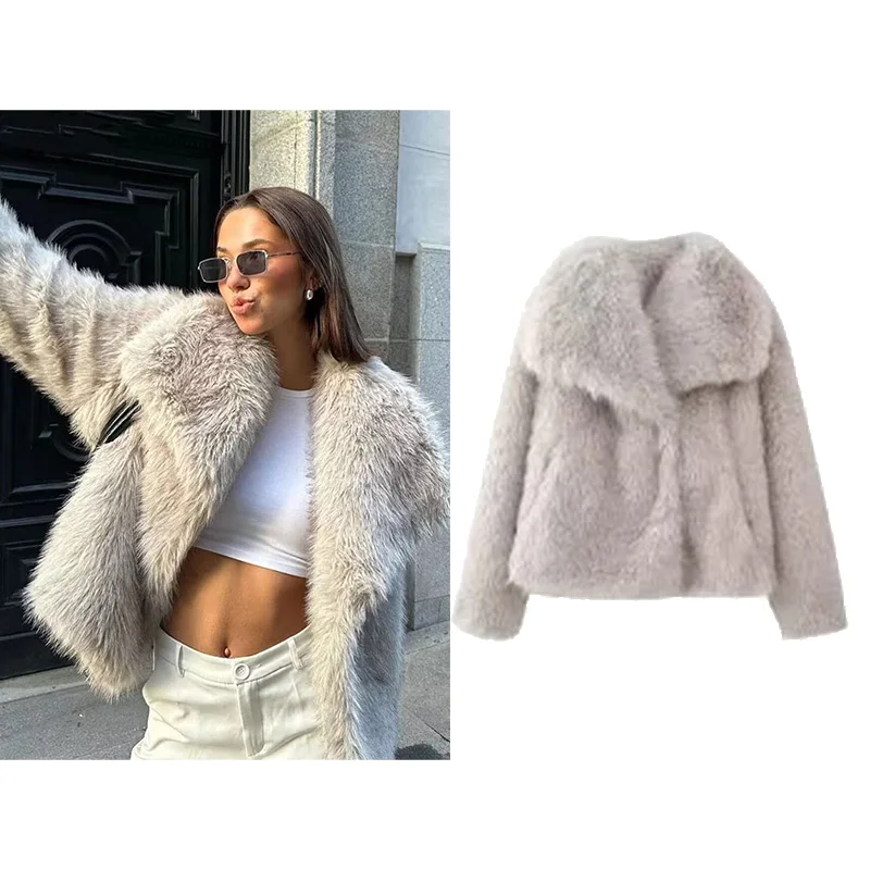 

NERHEFZ осенняя женская куртка из искусственного меха, повседневное женское пальто с большим воротником и карманами, модная теплая куртка, женские шикарные топы