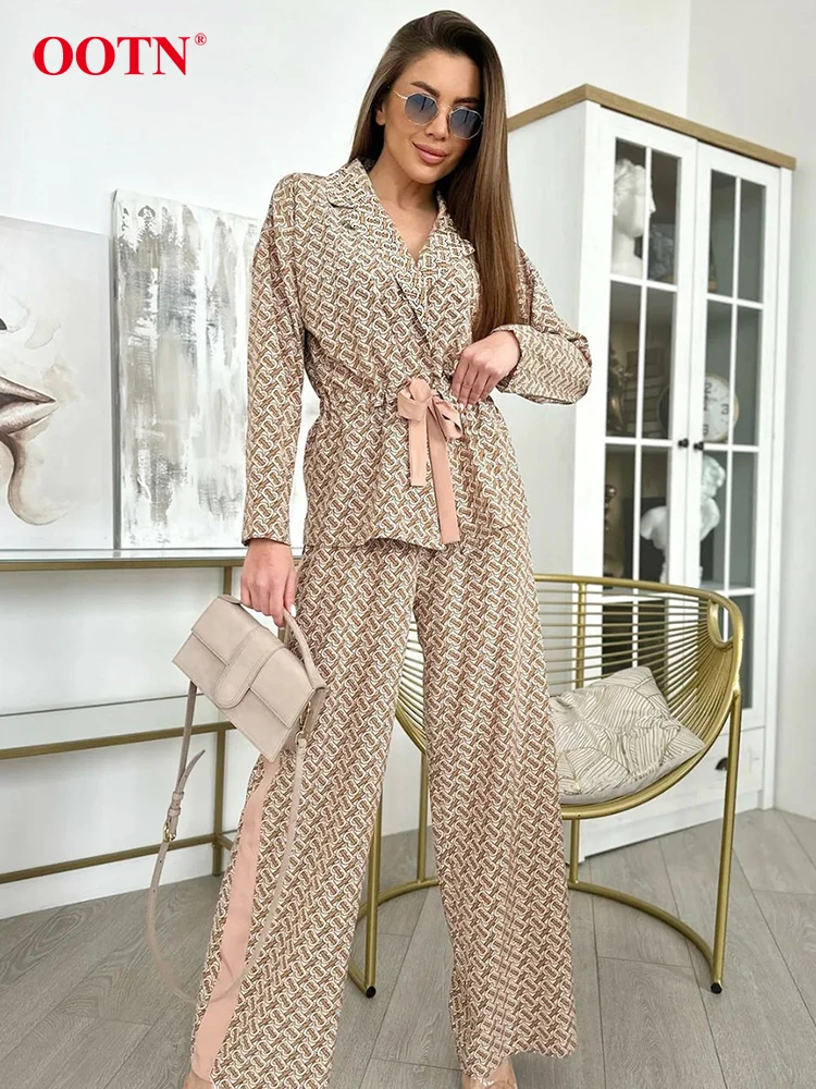 OOTN Spring Street Print Wide Leg Pants Suits Casual Belt Notched Neck Shirts High Waist Pants Two Piece Sets Women Elegant Suit