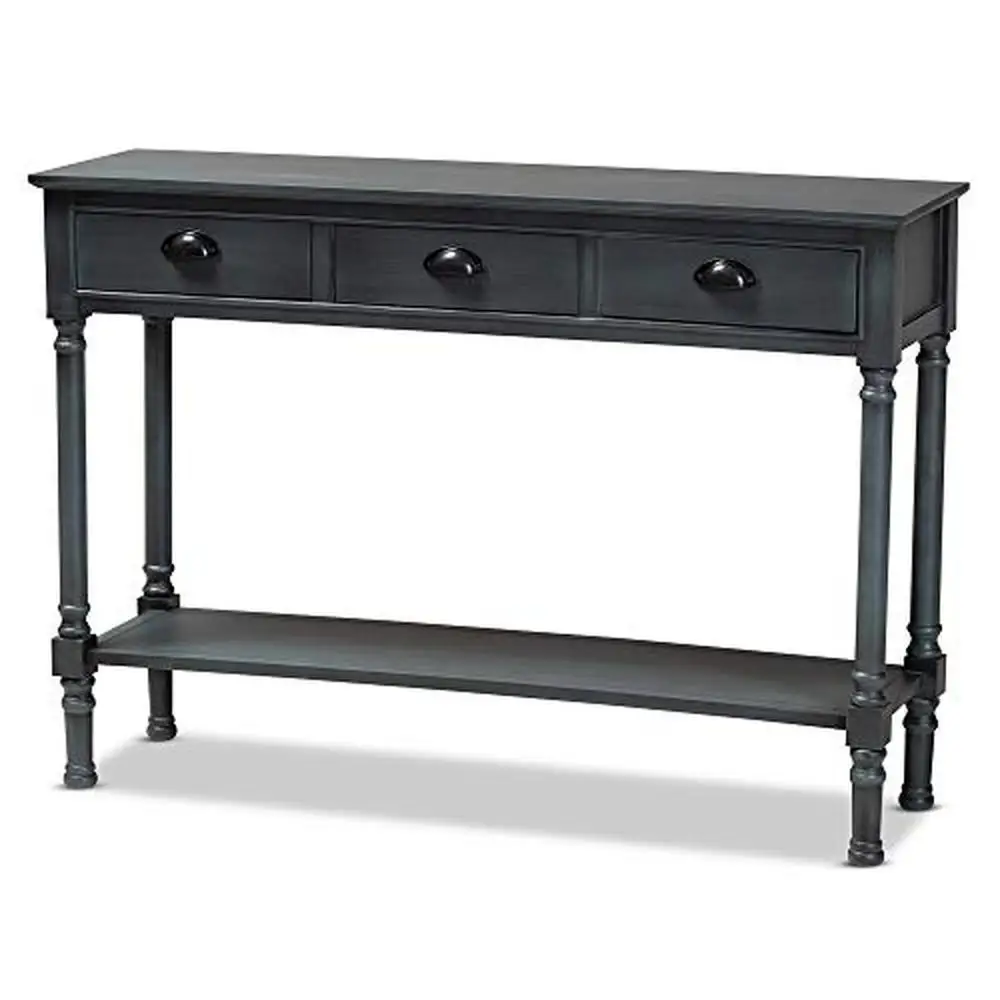 Modern Grey Console Table with Three Drawers and Bottom Shelf Firwood Construction Black Metal Handles Ring Turned Legs 45.3