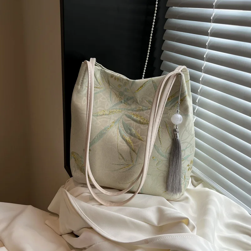 

High End Single Shoulder Chinese Style Handbag for Women, Large Capacity Embroidered New Bamboo Leaf Underarm Tote Bags