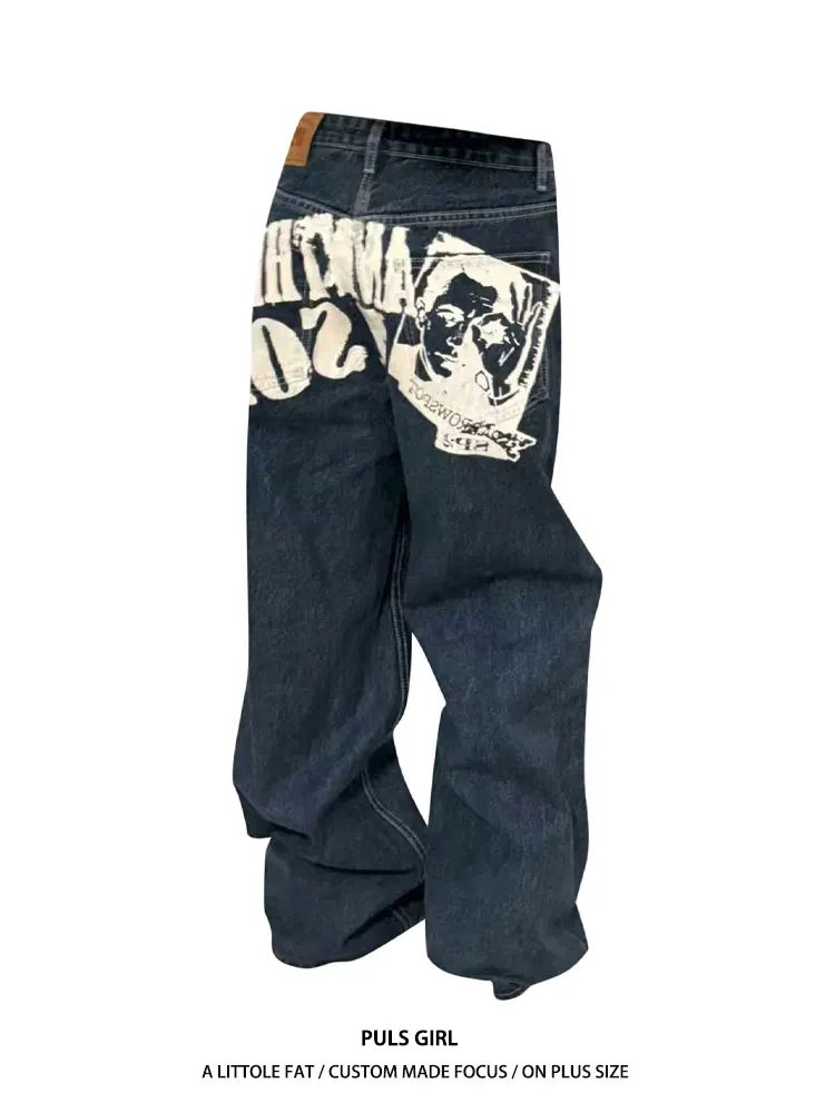 

Large Size American Retro Washed Letter Print Jeans Women's Loose Slimming Wide Leg Long Pants High Waist Casual Style