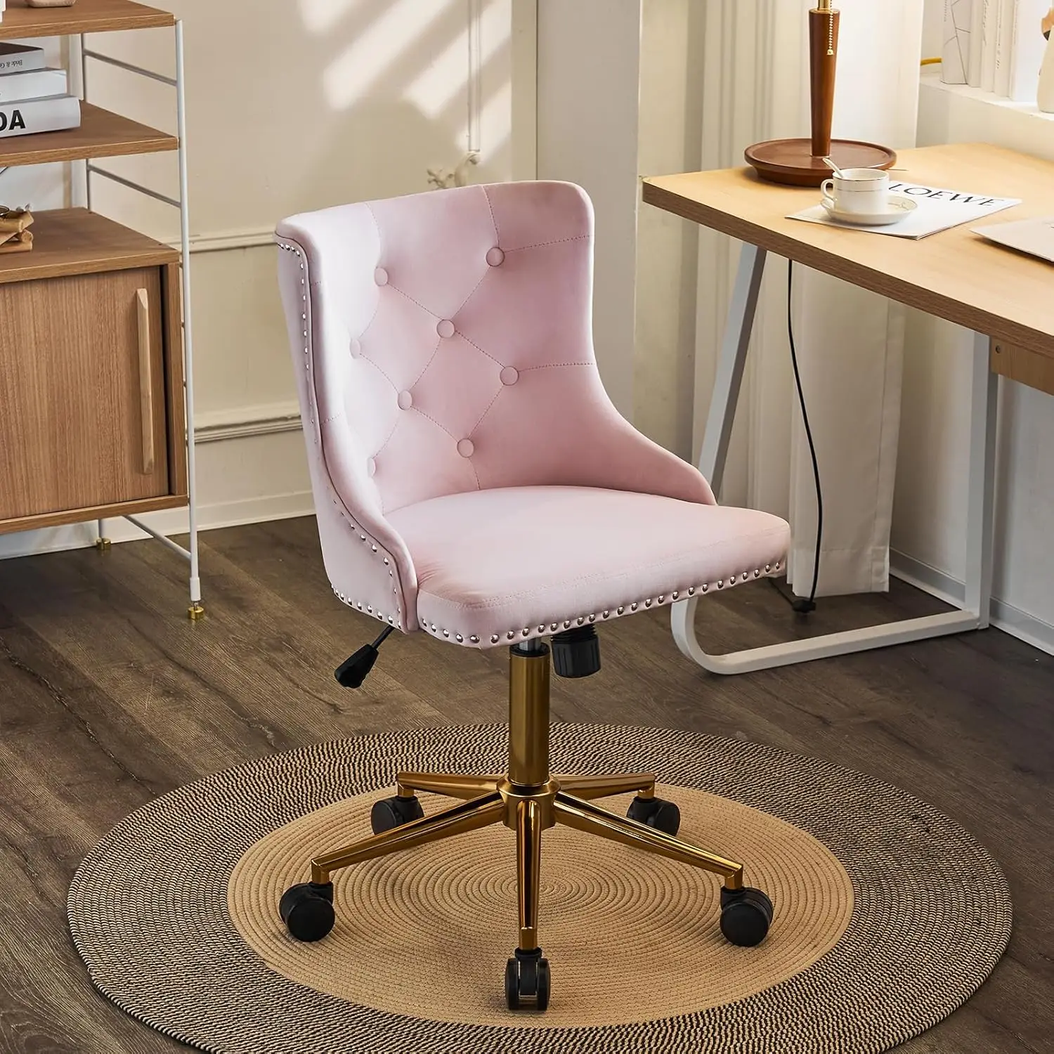 

Light Pink Velvet Armless Home Office Desk Chair ,Upholstered Adjustable Rolling Swivel Nail Chair for Women/Girls