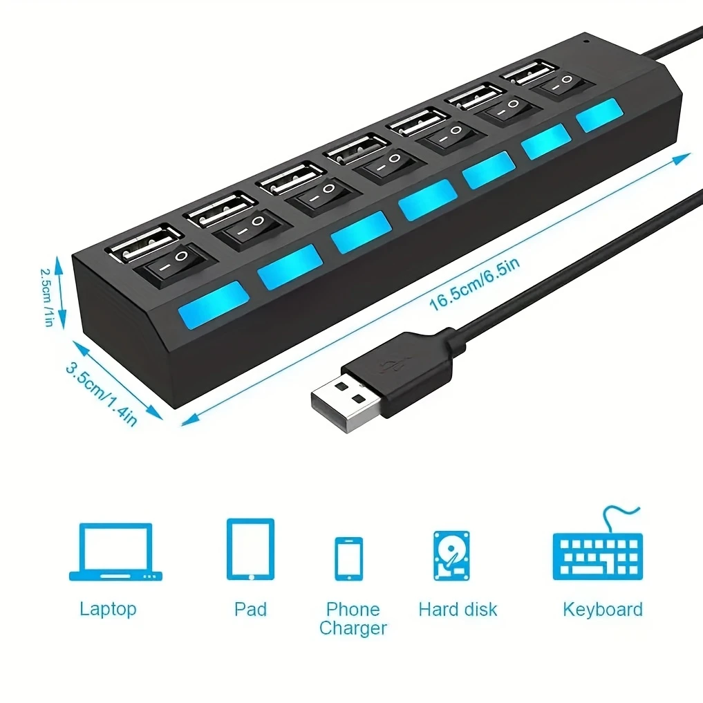 7-Port USB 2.0 Hub with Independent Switch - Multi-Interface Splitter Compatible with Laptops and Desktops for External Hard Dri