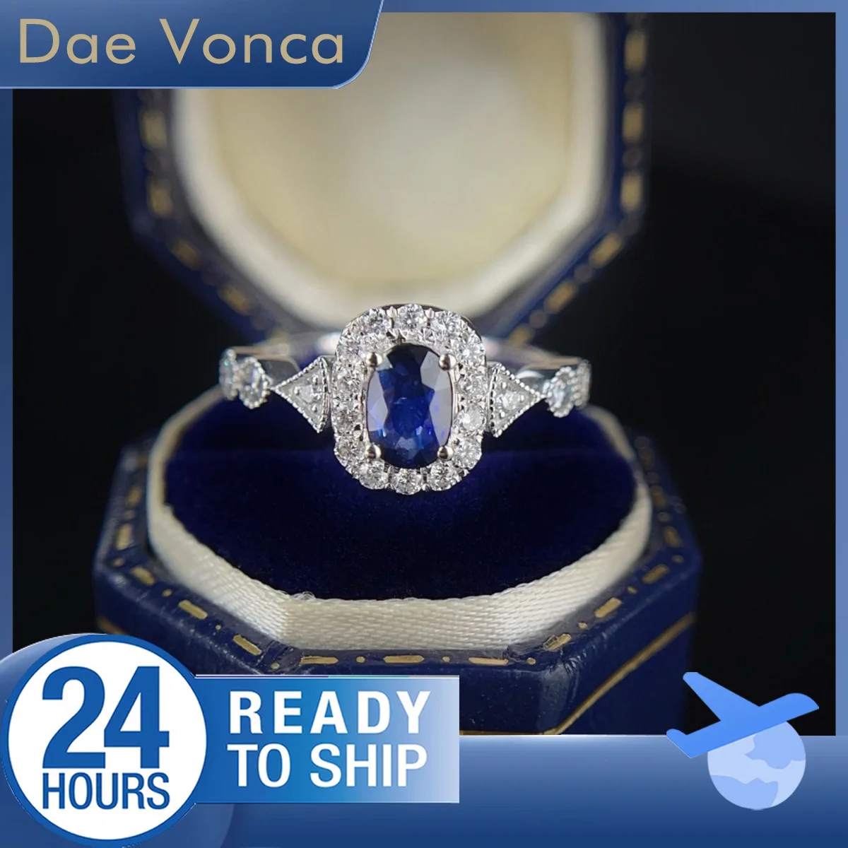 

Oval Shaped Lab Grown Sapphire Ring 18K White Gold Center Stone 0.58ct Sugar Cube Lab Sapphire Halo Ring Engagement Ring