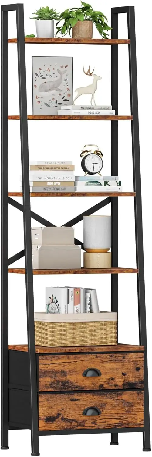 5-Tier Ladder Shelf with 2 Drawers,Narrow Bookshelf Storage Shelves,Industrial Bookcase Freestanding Rack Units for Bedroom