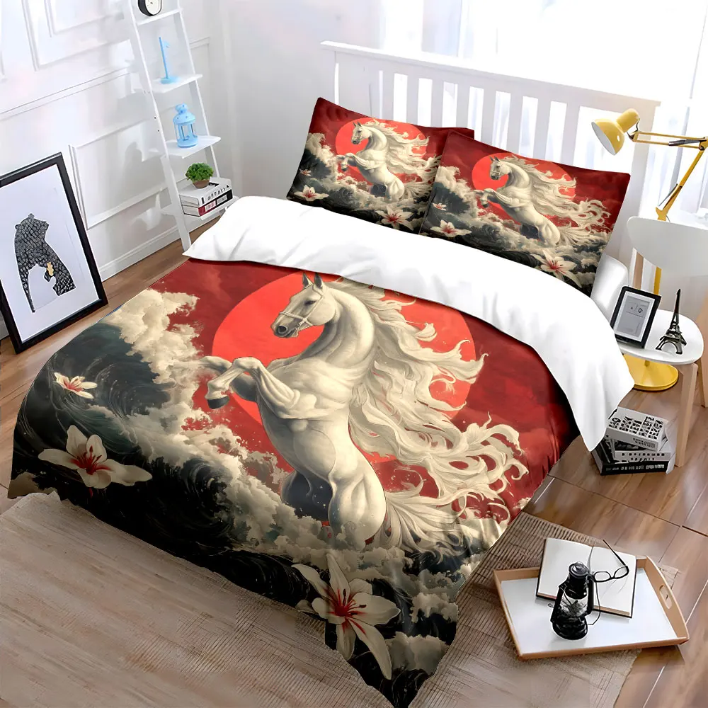 Galloping white horse, moon, and lilies Bedding Set for Kids Luxury Gift 3pcs Digital Print Comforter Set Soft Comfortable