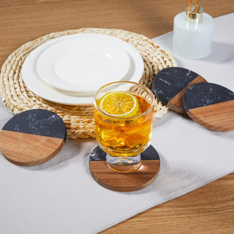 Coasters Set Of 4 For Drinks,Marble-Wood Spliced Coaster For Tabletop Protection,Cup Holder Coasters For Multiple Cup