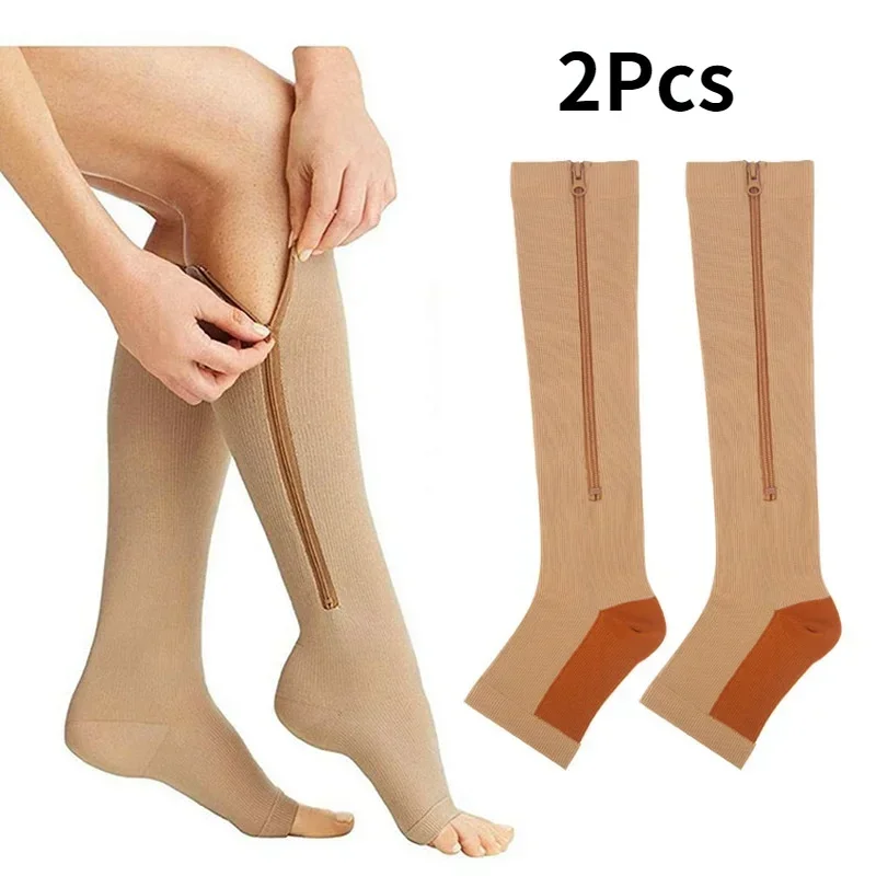 New Compression Zipper Socks Stretch Leg Support Unisex Open Toe Over The Knee Stockings