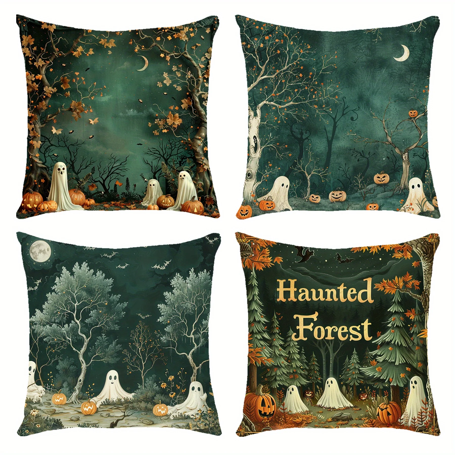 4-Pack Haunted Forest Theme Polyester Throw Pillow Covers 18x18in Halloween and Christmas Ghost Pattern, Woven Zippered
