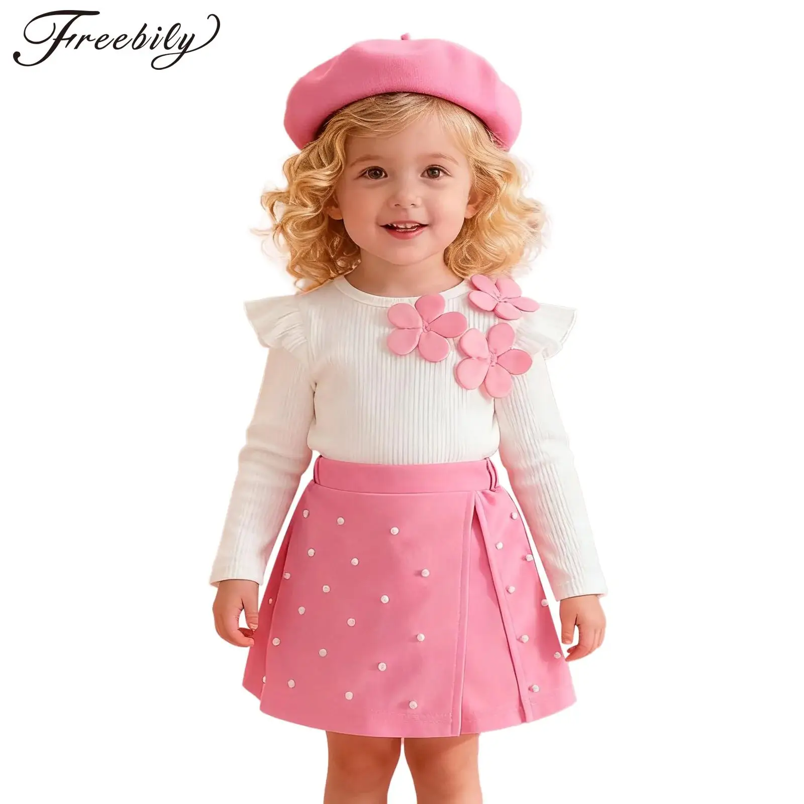 

Toddler Baby Girls Birthday Outfits Fashion Long Sleeves 3D Flower Ribbed Top with Culottes Skirt Hat Wedding Party Kids Clothes